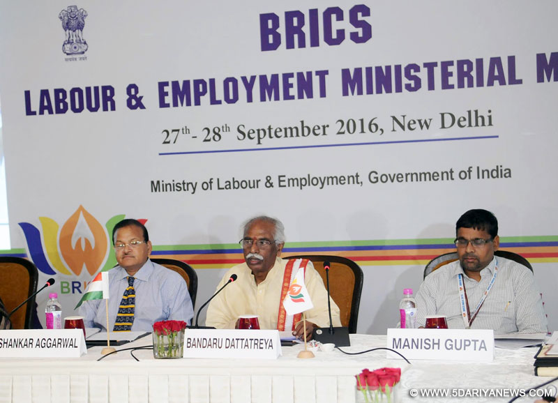 The Minister of State for Labour and Employment (Independent Charge), Shri Bandaru Dattatreya addressing the press conference on the 2nd BRICS Labour & Employment Ministerial meeting, in New Delhi on September 28, 2016. 